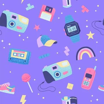 90s retro seamless pattern. Cute bright multicolor elements on purple background Illustrazione stock