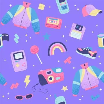 90s retro seamless pattern. Cute bright multicolor elements on purple background Stockillustratie