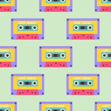 90s seamless pattern with audio cassette. Vector background in cartoon 80s 90s Stock Illustration