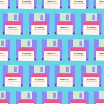 90s seamless pattern with floppy disk. Vector background in cartoon 80s 90s pop Stock Illustration