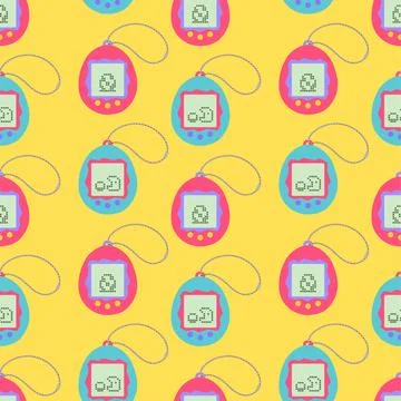 90s seamless pattern with kid pet toy on yellow background. Vector background in 스톡 일러스트
