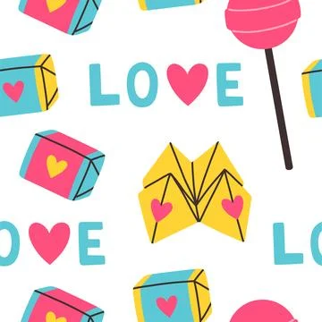 90s seamless pattern with lollipop, bubble gum on white background. Vector in Stock Illustration