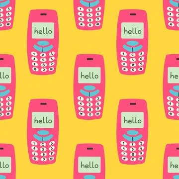 90s seamless pattern with old mobile phone on yellow background. Vector in 스톡 일러스트