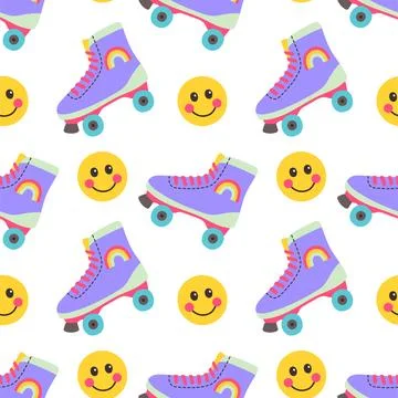 90s seamless pattern with roller skates on white background. Vector background Stock Illustration