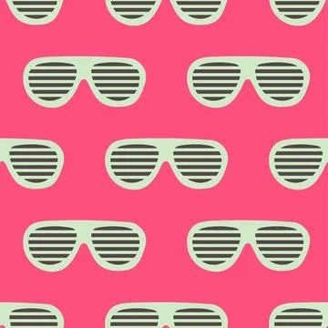 90s seamless pattern with striped sunglasses. Vector background in cartoon 80s Stock Illustration