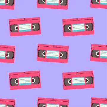 90s seamless pattern with video cassette. Vector background in cartoon 80s 90s Stock Illustration