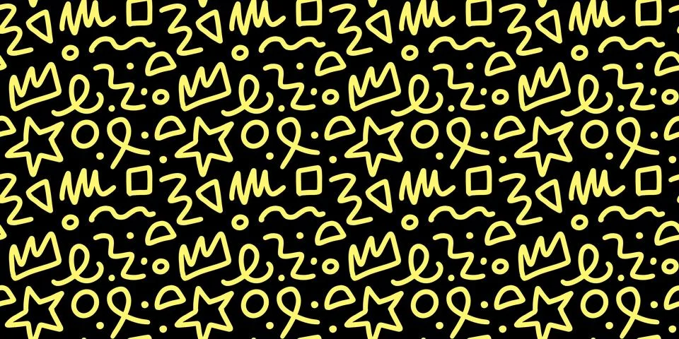 90s seamless yellow on black pattern squiggle random Stock Illustration
