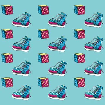 90s shoes and cubes pattern background 스톡 일러스트