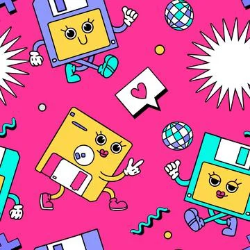 90s style seamless pattern with retro cartoon floppy disk characters and vintage Stock Illustration