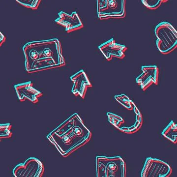 90s styled seamless pattern with teen theme, cassette, headphones, hearts and Stock Illustration