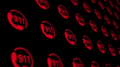 911 Emergency Call Red Glowing Digital Grid Panning Motion Design Stock Footage 336148987