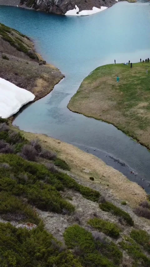 9:16: Drone Flight To Alpine Lake And Hikers. Kazakhstan, Sayram-Ugam Park Видео 333690424
