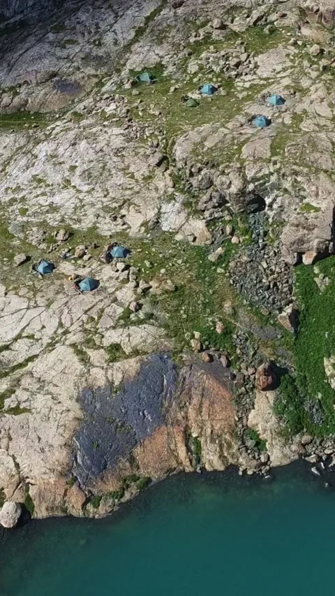 9:16: Drone Flight To Base Camp By Turquoise Lake. Kazakhstan, Sayram-Ugam Park Видео 333621858