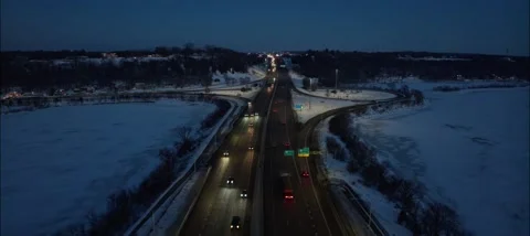 94 Bridge Crossing MN Border Over St. Croix River Into Hudson WI - Night Aerial Stock Footage 229761707