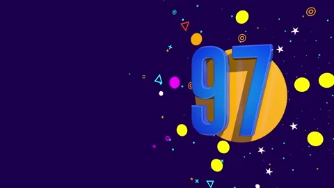 97 number on an orange circle spewing stars, circles against dark background Stock Footage 241849648