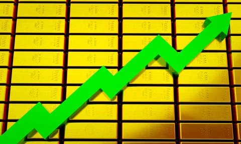 999.9 gold bars stacked on top of each other. Lots of gold and green arrows.. Stock Illustration