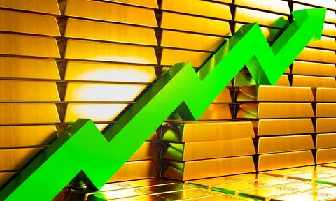 999.9 gold bars stacked on top of each other. Lots of gold and green arrows.. Stock Illustration