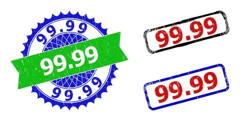 99.99 Rosette and Rectangle Bicolor Stamps with Corroded Textures Stock Illustration