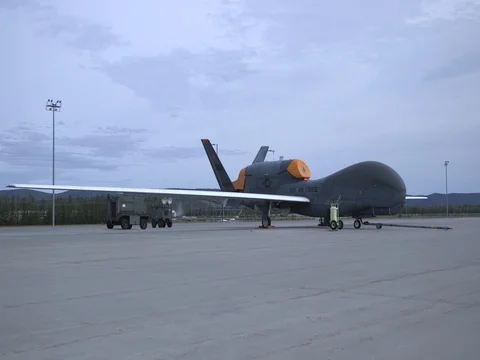 9th Reconnaissance Wing RQ-4 Global Hawk lands at Eielson Air Force Base - 2018 Stock Footage 100162053