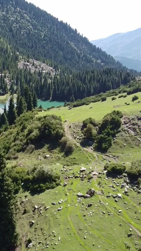 9x16: Drone Flight Over River To Alpine Lake.Kyrgyzstan, Suttuu-Bulak Lake. Vidéo 332787423