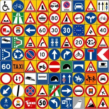 9x9 grid with a total of 81 road signs of various types with the Italian Eu.. Stockillustratie