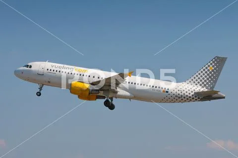 A320 Vueling take off from PRG Airport Stock Photos