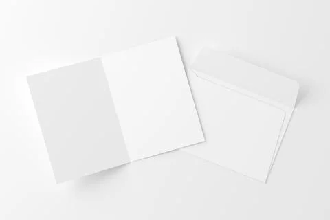 A4 A5 Folded Invitation Card With Envelope 3D Rendering White Blank Mockup Stock Illustration