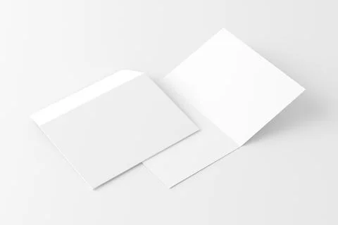 A4 A5 Folded Invitation Card With Envelope 3D Rendering White Blank Mockup Stock Illustration