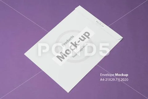An A4 paper envelope on purple backdrop mock-up series PSD Template