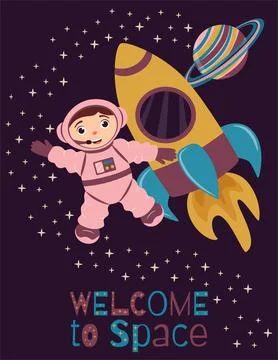A4 poster with a cute astronaut, rocket and a planet with rings in cartoon .. Illustrazione stock