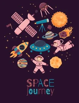 A4 poster with cute astronauts, planets, moon, rocket Stock Illustration