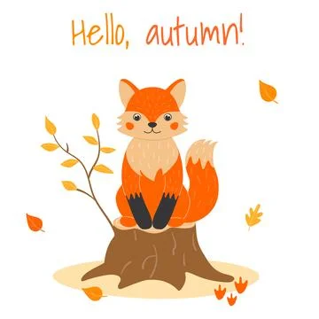 A4 poster with cute fox and autumn leaves in cartoon style. Forest animals .. Stock Illustration