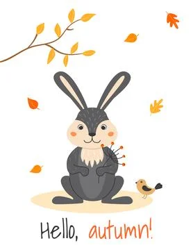 A4 poster with a cute rabbit, a bird and autumn leaves in cartoon style. Fo.. Stock Illustration