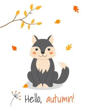 A4 poster with cute wolf and autumn leaves in cartoon style. Forest animals.. Stock Illustration