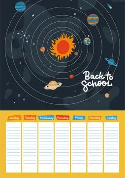 A4 School timetable with Solar system. Galaxy universe weekly planner template Stock Illustration