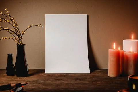 A4 sheet mock up for presentation and advertising on wooden table. 3D renderi Illustrazione stock