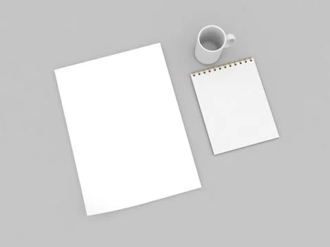 A4 sheet of paper notebook and mug on a gray background. Stock Illustration