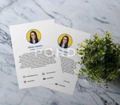 A4 size documents on white minimal marble surface with table plant 4k PSD m.. PSD Template