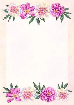 A4 template for text with beautiful peony. Frame or border with pink flowers Stock Illustration