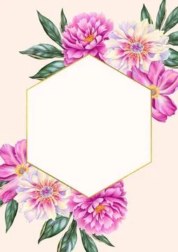 A4 template for text with beautiful peony. Frame or border with pink flowers Illustration