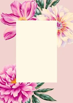 A4 template for text with beautiful peony. Frame or border with pink flowers Stock Illustration