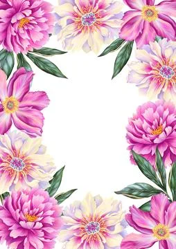 A4 template for text with beautiful peony. Frame or border with pink flowers Illustrazione stock