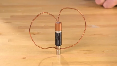 AA battery creates a magnetic field during experiment Stock Footage 99055467