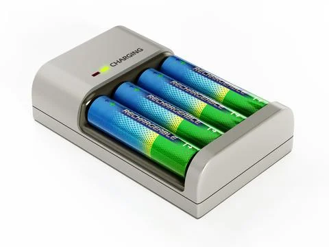 AA sized rechargeable batteries inside battery charger. 3D illustration Stock Illustration