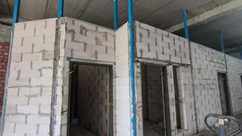 AAC Block Wall Construction with Metal Stiffener and Lintel Stock Footage 342479725
