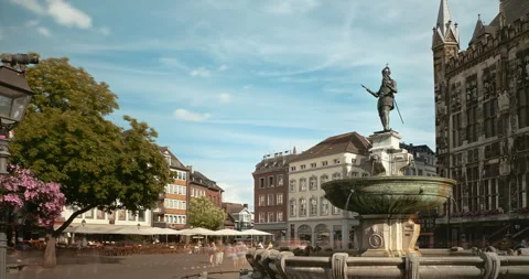 Aachen, Germany – 2024, Aug 5: Charlemagne Fountain at Aachen Market Square Stock Footage 323879255