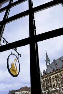 Aachen: view of Tower Hall through the window Stock Photos
