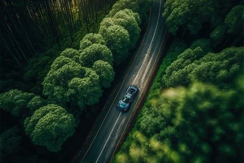 Aaerial view of a modern luxury car speeding through a forest road Stock Illustration