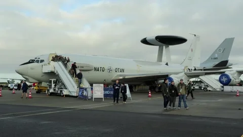 Aalborg, Denmark - September 13, 2026: Visitors boarding a NATO AWACS military Stock Footage 345590060