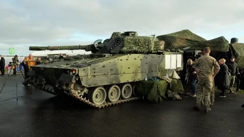 Aalborg, Denmark - September 13, 2026: Military tank exhibition with soldiers Stock Footage 345590609